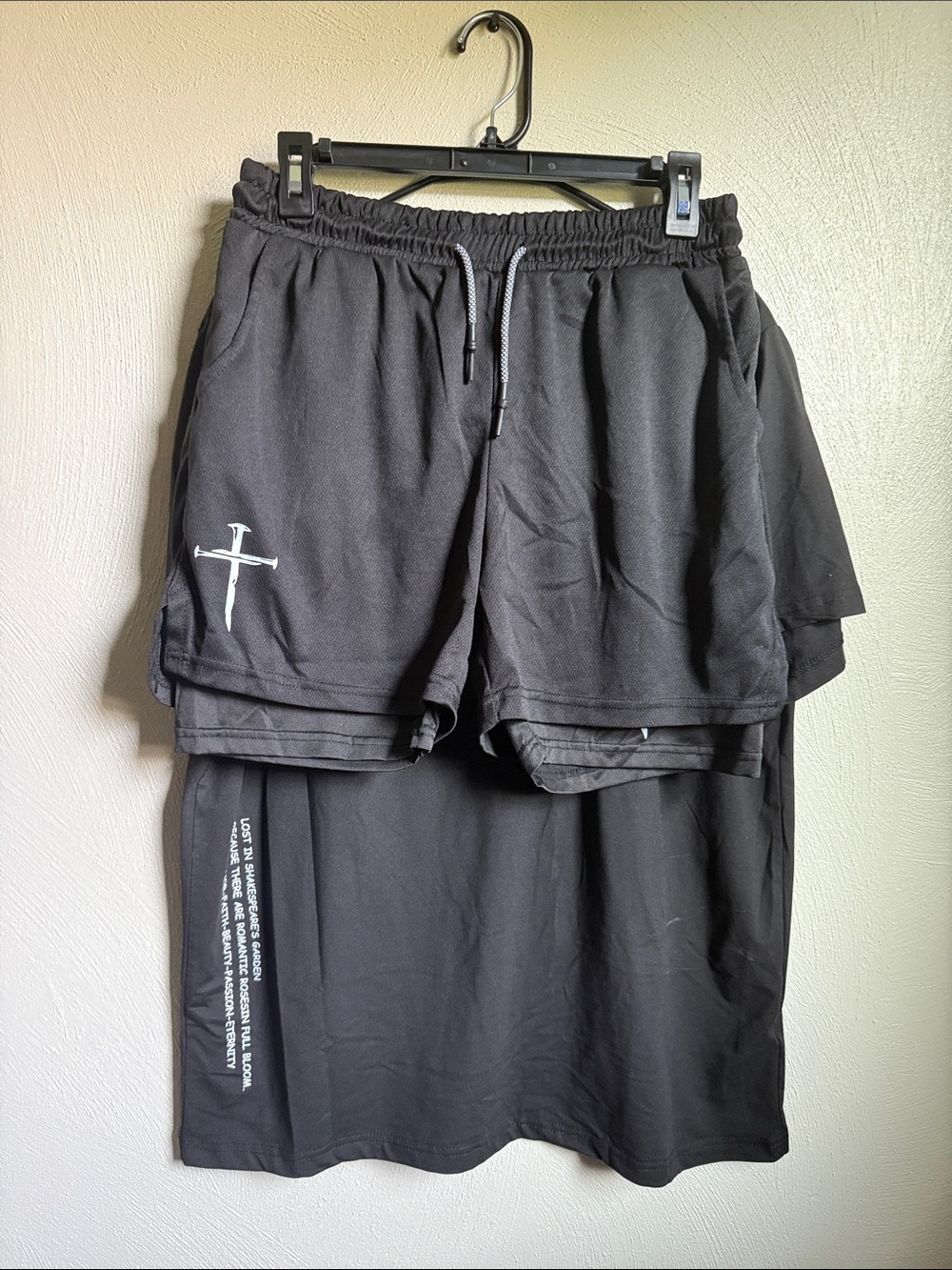 SHEIN Black Layered Athletic Drawstring Shorts with Cross Detail